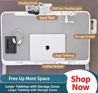 Table de lit pliable réglable en hauteur pour ordinateur portable, plateau inclinable avec tiroir, support de livre, ventilateur USB et lampe pour la lecture et le travail
