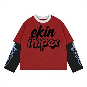 Mens Y2K Vintage Oversized Patchwork <b>Flame</b> Sleeve T-<b>Shirt</b> Custom Logo Cotton Contrast Collar 2 Piece Long Sleeve - Product Image 1