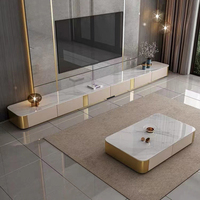 Ensemble meuble TV et table basse en bois massif, style moderne minimaliste de luxe léger, avec plateau en pierre extra long, pour petit appartement et salon