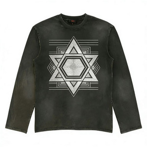 Vintage Washed <strong>Dark</strong> Gray Men Long Sleeve T Shirt with Intricate Geometric <strong>Star</strong> Hexagon Pattern Print Casual Streetwear - Product Image 1
