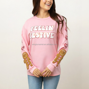 <span class=keywords><strong>Sudadera</strong></span> Rosa de Manga Larga para Mujer, Festiva, de Chenilla, con Diseño de Galleta de Jengibre, para Navidad - Product Image 1