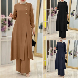 Wholesale Turkey Muslim Suit Modest Set Solid Irregular Long Shirt Wide Leg Pant Women Long Tunic Tops And Pants