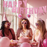 Ensemble d'accessoires et décorations pour anniversaire rose : Chapeau, diadème, serre-têtes, serre-tête sonore, lunettes, bannière à paillettes