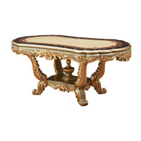 Table à manger longue de style européen, style américain, luxe sculpté, couleur champagne, marqueterie en marbre, feuille d'or
