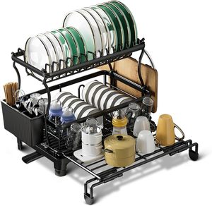Escurridor de Platos de 2 Niveles con Soporte para Vasos y Tabla de Cortar, Escurridor de Cocina Grande, Diseño Moderno en Acero Inoxidable Negro - Product Image 1