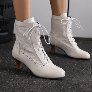 2026New Vintage Women Shoes <b>Brown</b> Leather Jacquard Spliced Ankle <b>Boots</b> With Front <b>Lace</b> Up And Kitten Heel Walks And Gatherings - Product Image 5
