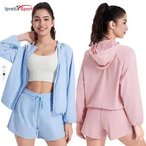 Jaket Yoga wanita, koleksi baru perlindungan UV jaket Yoga wanita pakaian aktif luar ruangan atasan kebugaran olahraga bertudung kasual jaket olahraga wanita 2024