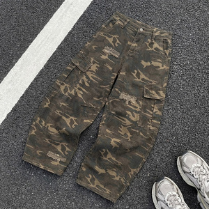Katoenen vintage camouflage streetwear hoge kwaliteit wijde broek met wijde pijpen, <span class=keywords><strong>cargo</strong></span> broek met trekkoord, canvas custom broek met logo, heren casual - Product Image 1