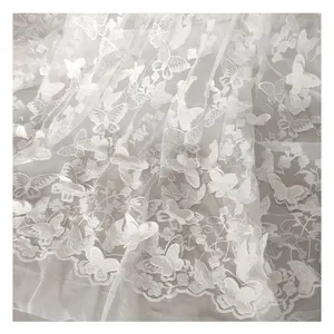 Korea Design Chemical Zari Embroidery White 3D Butterfly Flower Exquisite Embroidery Soft Bridal Fabric Embroidery Net Fabric