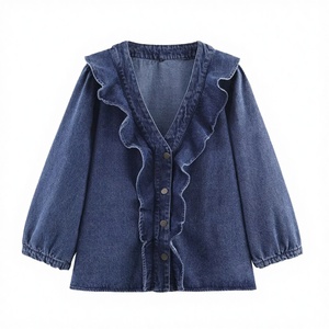 Chemise en jean pour femme avec volants, manches trois quarts, coupe ample, décontractée, haut de printemps en coton délavé, couleur unie - Product Image 3