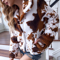 Veste d'hiver pour femmes, imprimé vache, fausse fourrure, col rabattu, manches longues, veste d'hiver courte