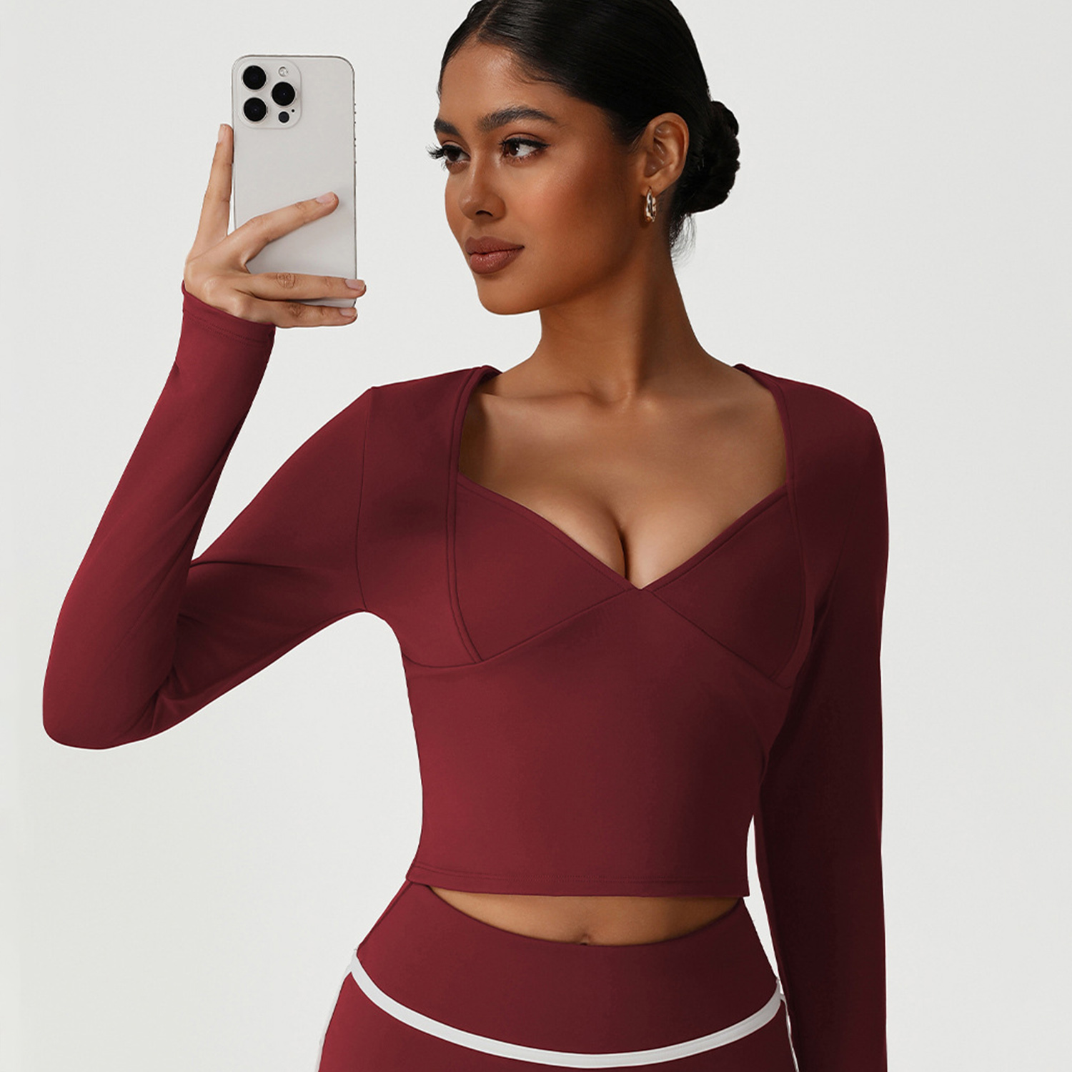 Custom Front Women V Neck Long Sleeve Yoga Top Thumb Holes Breathable High Elasticity Fitness Active Wear Quick Dry Gym Running
