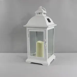 Home Decor Garden Ornaments White Metal Solar Powered Lantern Holder With Flameless Plastic LED Candle Inside