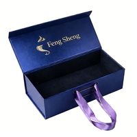 Custom Luxury <strong>Paper</strong> Wig Packaging <strong>Box</strong> Metallic Navy Blue Magnetic Clamshell with Satin Handle for Hair Extension Brands