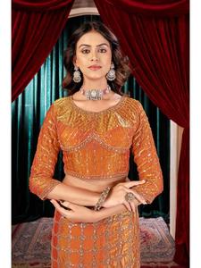 Sari de satén Abhi Fashion Designer Heavy Fandy con bordado de cuentas llamativo y blusa elegante incluida. Solo se puede lavar a la seco. Indio. - Product Image 2