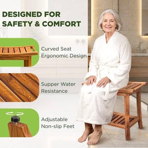 Tabouret de salle de bain à double niveau en bois massif Departure 56x33.2x47.2cm avec étagère de rangement et siège de douche - Product Image 2