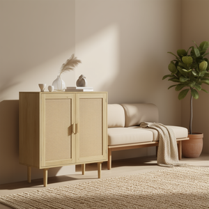 Credenza Bohemien con ante e ripiani in rattan naturale, mobile buffet per soggiorno e corridoio - Product Image 2