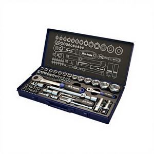 Jeu de 55 douilles profondes à six pans moletés en acier au chrome-vanadium de 1/4 " et 1/2 " avec poignée à cliquet et coffret métallique – Outil manuel professionnel OEM - Product Image 1