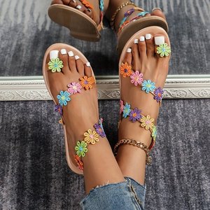 Sandalias Planas Ligeras de Verano para Mujer, Decoración Floral Multicolor, Punta Abierta, Calzado para Caminar por la Playa en Vacaciones - Product Image 4