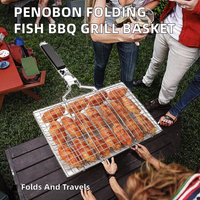 Panier de cuisson pliable en acier inoxydable Penobon pour poisson, légumes, crevettes - Poignée amovible portable, brosse à badigeonner, sac de rangement