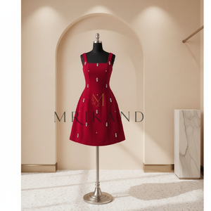 Elegante Vestido Mini de Algodón y Seda para Mujer con Pedrería Brillante Hecha a Mano y Lazo Trasero Estilizado, Atuendo para Fiesta - Product Image 1
