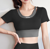 Set Yoga Wanita Warna Blok Dua Potong Lengan Pendek Celana Panjang Cepat Kering Pengangkat Pinggul Peregangan Tinggi Pakaian Olahraga Gym