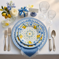 Service de Vaisselle en Céramique en Gros – Assiettes en Porcelaine à Motif Citron et Design Treillis Bleu pour Hôtels, Restaurants et Services de Traiteur (Vente en Gros)