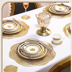 Round Pressed Vinyl Placemats Gold Placemat Set Metallic Place Mat Table Mats For Dining Kitchen Decor