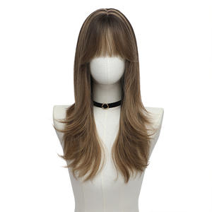 Perruque longue à queue de poisson, cheveux naturels, volumineux, frange soignée, brun, peinture à la main, respirante, fabriquée à la machine, style européen et américain, haut de gamme - Product Image 1