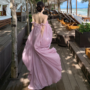 Vestido Maxi Halter de Satén Sexy Francés, Estilo Irregular sin Espalda, Sensación de Pura Seducción, para Vacaciones en la Playa o <span class=keywords><strong>Resort</strong></span> - Product Image 2