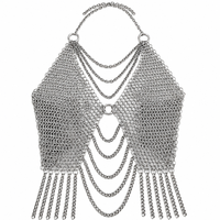 Chaîne en métal argenté drapée pour femme, style body jewelry, soutien-gorge halter en maille, pour tenue de club, costume de scène, festival de musique et soirée