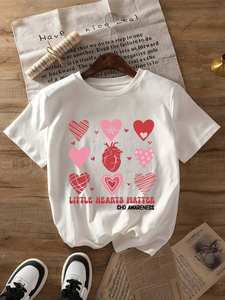 T-shirt bianca da donna per la sensibilizzazione sulle malattie cardiache, a maniche corte, girocollo, con disegno di cuore a cartone animato, casual, per la primavera/estate - Product Image 3
