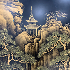 Paravento in Stile Cinese Dipinto a Mano con Sfondo Nero, Artigianato in <span class=keywords><strong>Legno</strong></span> Laccato Retrò, Mobile Pieghevole - Product Image 4