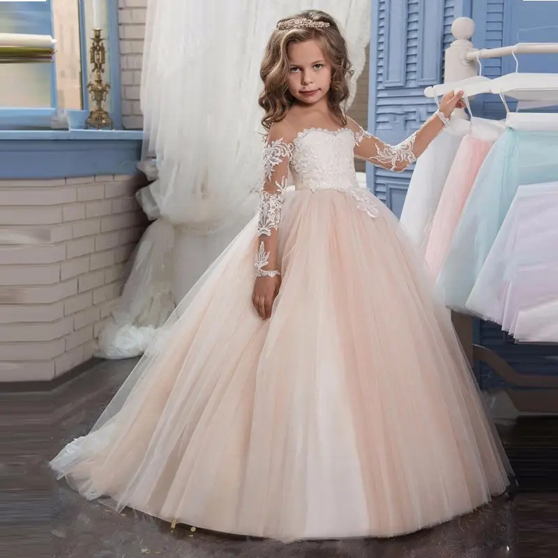 Luxury Kids Christening Trailing Dress First Communion Formal Party Long Gown Lace Flower Girl Wedding Dress