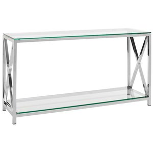 Table <span class=keywords><strong>console</strong></span> en <span class=keywords><strong>acier</strong></span> inoxydable chromé argenté avec plateau en <span class=keywords><strong>verre</strong></span> trempé, table de couloir, décoration de meubles pour la maison, l'hôtel - Product Image 4