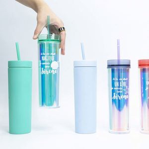 Nouvelle tasse en gros à double paroi en plastique transparent, gobelet en acrylique avec paille, disponible en plusieurs couleurs - Product Image 1
