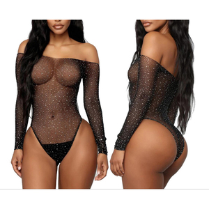 Bodysuit Color rosso <span class=keywords><strong>Nude</strong></span> e nero taglia unica in Nylon strass a maniche lunghe - Product Image 5