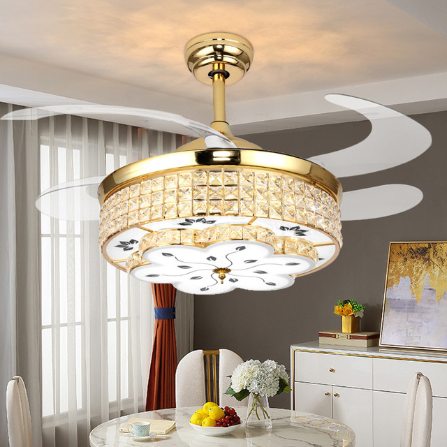 Crystal European-Style Integrated Ceiling Fan Light Variable Frequency Golden Chandelier LED Remote Control Iron Dimmable Living