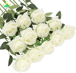 12 개 흰 장미 인공 꽃 실크 장미 꽃다발 긴 줄기 가짜 장미 꽃 결혼식 가정 장식