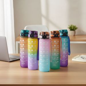 Nouvelle bouteille d'eau de sport en plastique de 32 oz, sans BPA, avec couvercle à rabat, marqueur de temps et paille-filtre, pour la gym et la motivation - Product Image 1