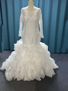 Robe de mariée sirène africaine de luxe moderne 2025 à prix d'usine, manches longues, dentelle perlée, appliques florales, traîne balayante - Product Image 6