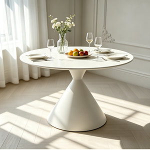 Table à manger minimaliste ronde en pierre frittée, base en forme de sablier blanc crème, pour la maison, salle à manger, café, hôtel, restaurant - Product Image 3