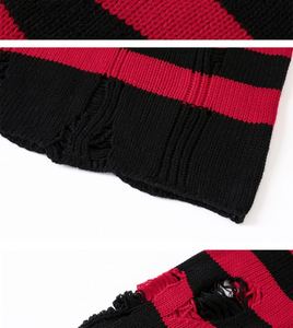 <strong>Black</strong> <strong>Red</strong> Striped Sweaters Washed Destroyed Ripped Sweater Crew Neck Men Hole Knit <strong>Jumpers</strong> Men Women Oversized Sweater Harajuku - Product Image 3