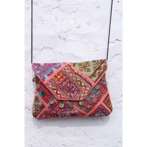 Bolso de mano indio Rajasthani hecho a mano con bordados, estilo casual Banjara, cierre abierto, cadenas, patchwork y espejos, para la noche. - Product Image 1