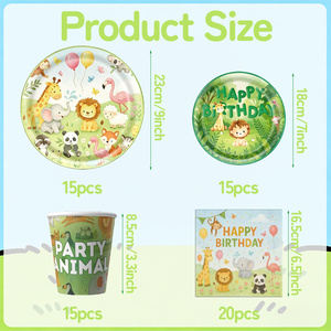 Ensemble de fournitures pour fête d'anniversaire sur le thème des animaux de la <span class=keywords><strong>jungle</strong></span>, 65 pièces, <span class=keywords><strong>vaisselle</strong></span> <span class=keywords><strong>jetable</strong></span> avec assiettes en papier, gobelets, serviettes pour enfants, fête sur le thème du safari - Product Image 3