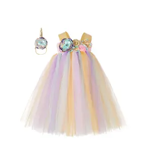 뜨거운 판매 의상 골드 핑크 컬러 혼 유니콘 나일론 레이스 꽃 Tulle 소녀 투투 드레스