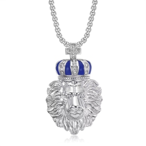 Hop Hop Silber Vergoldeter Löwen-Anhänger mit Tiefblauer Krone und Zirkonia Edelstahl-Halskette für Herren Königlicher Schmuck - Product Image 4