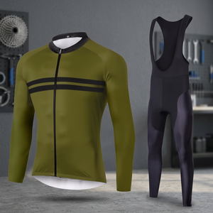 Conjunto de Jersey de Ciclismo de Manga Larga Olive con Culotte Negro para Hombre y Mujer - Product Image 3