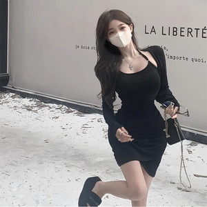 Halter Neck Long Sleeve Dress Black Asymmetric Pencil Silhouette Autumn Style Tight Fitting Short Skirt - Product Image 2