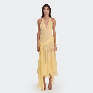 Halter Neck Chiffon Long Dress Deep V Asymmetric Translucent Evening Gown Sleeveless Natural Waistline - Product Image 3